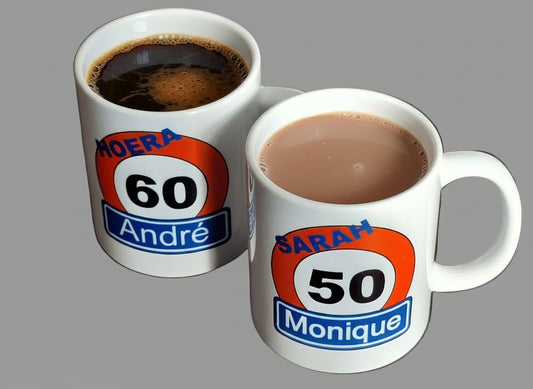 Koffiemok met Verkeersbord en naam en Leeftijd