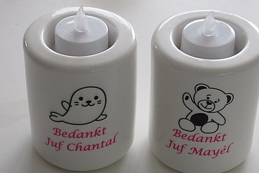 Waxinelichthouder met naam en afbeelding