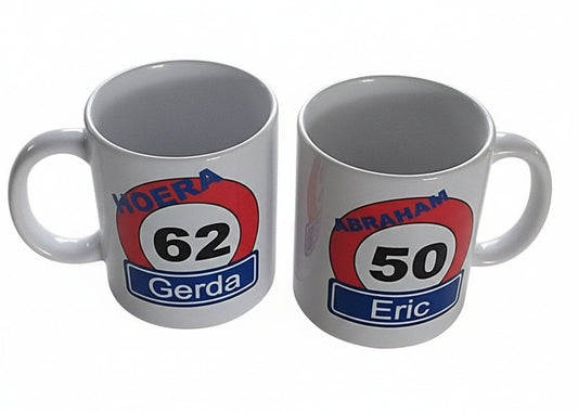 Koffiemok met Verkeersbord en naam en Leeftijd